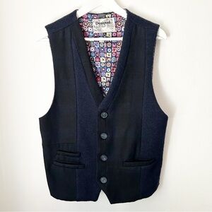 Desigual Navy Wool Vest Gilet Waistcoat Bold Lining V-Neck - Unisex Fits Large